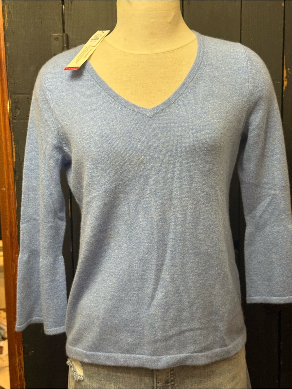 NWT Talbots Pure Cashmere V-Neck Bell Sleeve Sweater Blue Petite Medium PM